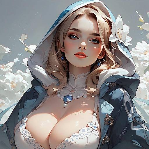 Beautiful Blonde Woman in Blue Hooded Jacket Digital Anime Artwork
