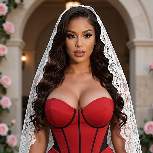 Elegant Woman in Red Corset Dress with White Lace Veil in Floral Archway