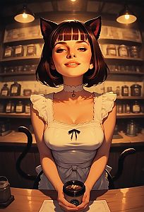 Woman with Cat Ears in Vintage Apron Holding Coffee