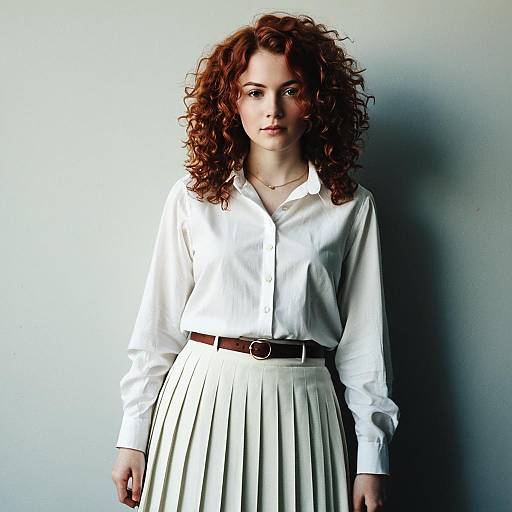 Confident Woman in White Shirt and Pleated Skirt with Curly Red Hair