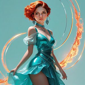 Striking Woman in Teal Dress with Fiery Elements
