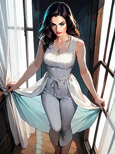 Realistic Comic Style Woman in White Pinstriped Casual Outfit Holding Curtains