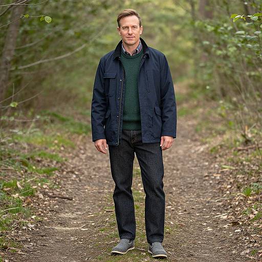 Man Standing on Forest Trail in Casual Autumn Outfit