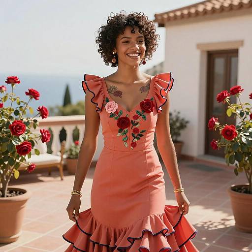 Smiling Woman in Coral Ruffled Floral Dress on Rose-Filled Terrace