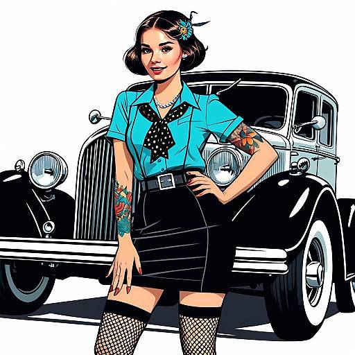 Retro Tattooed Woman Standing by Vintage Car Illustration