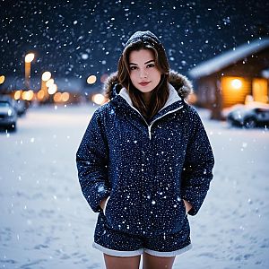 Woman in Winter Jacket Standing in Snowy Night Realistic Portrait
