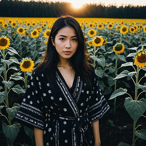 Young Woman in Black Floral Dress in Sunflower Field at Sunset