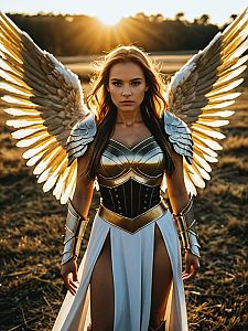 Photorealistic Woman in Warrior Angel Costume with Golden Wings Outdoor Portrait