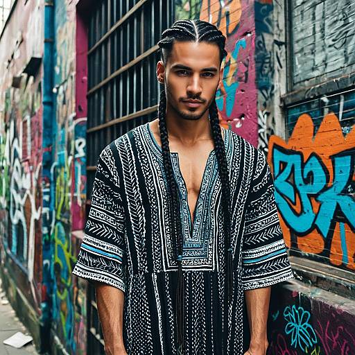Portrait of Man with Braided Hair in Urban Graffiti Alley
