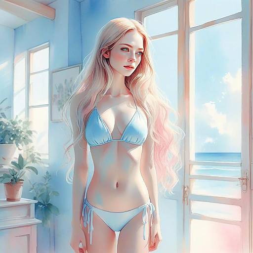 Anime Style Blonde Woman in Blue Bikini by Sunlit Coastal Window