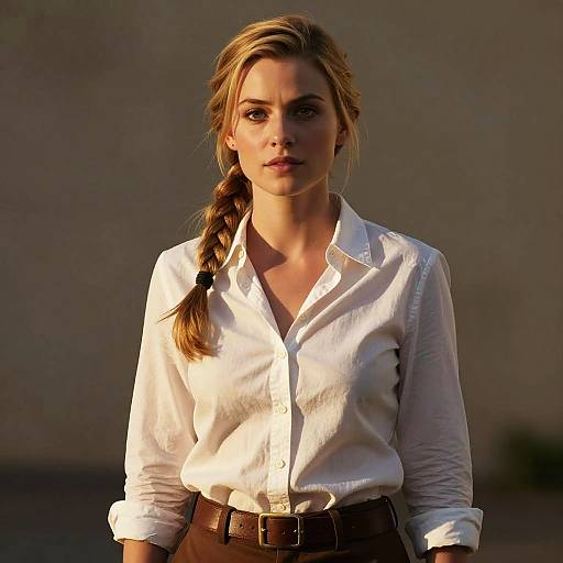 Blonde Woman with Braid in White Shirt and Brown Belt - Adventure Style Portrait