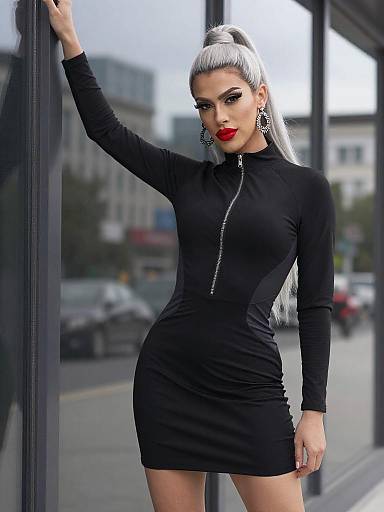 Young Woman in Black Dress with Silver Hair and Bold Makeup Outdoors