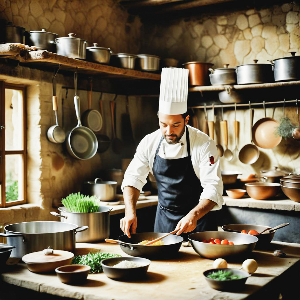 Skilled Chef Preparing Gourmet Dish in Rustic Kitchen