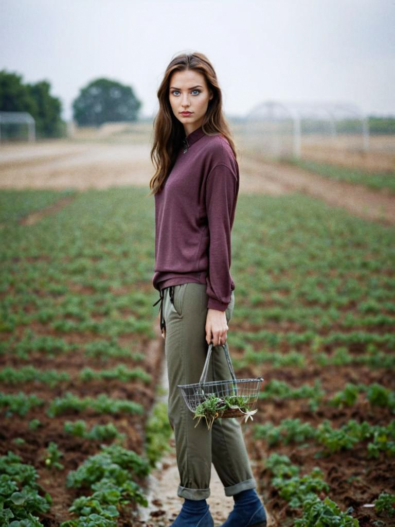 Woman with Basket of Fresh Herbs in Green Field