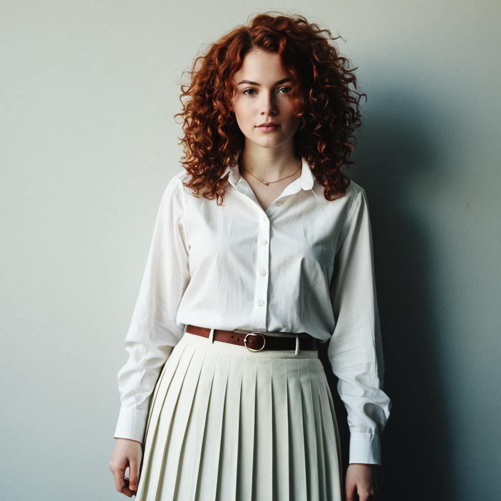 Confident Woman in White Shirt and Pleated Skirt with Curly Red Hair