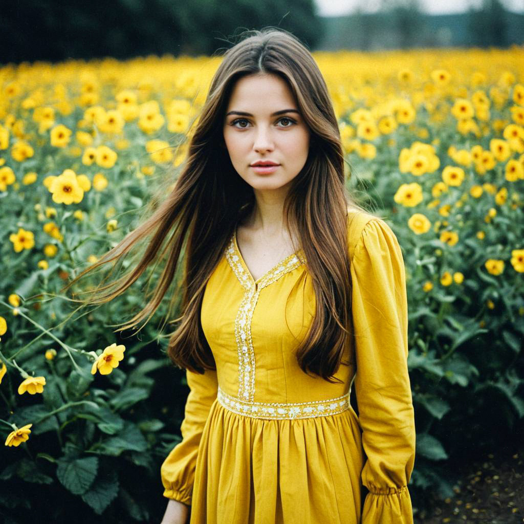Young Woman in Yellow Dress in Flower Field