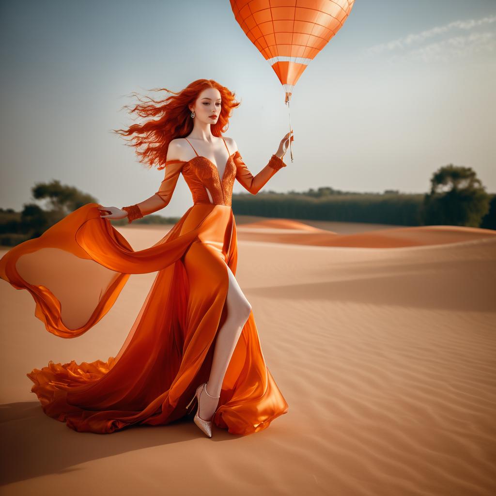 Elegant Woman in Orange Gown with Balloon in Desert