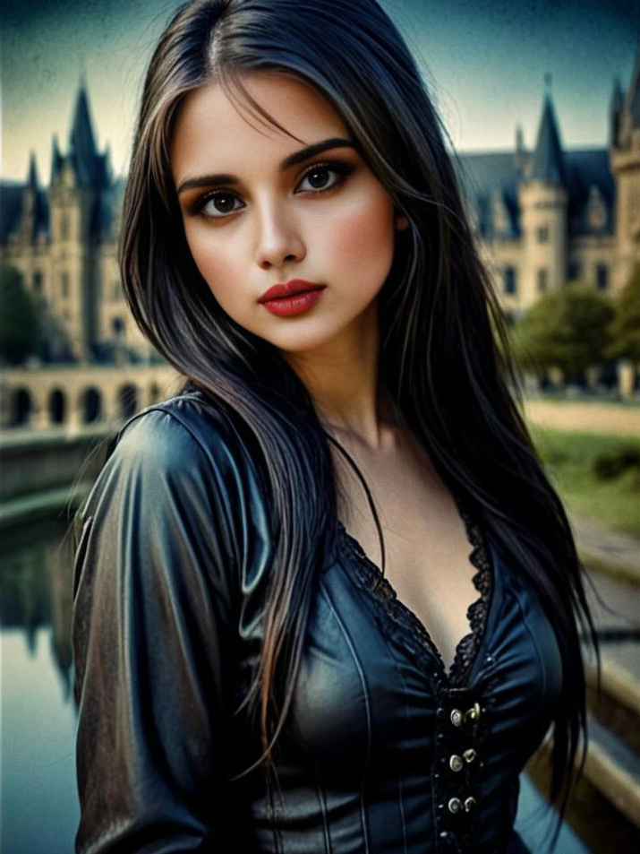 Striking Woman with Dark Hair and Red Lips in Historic Setting