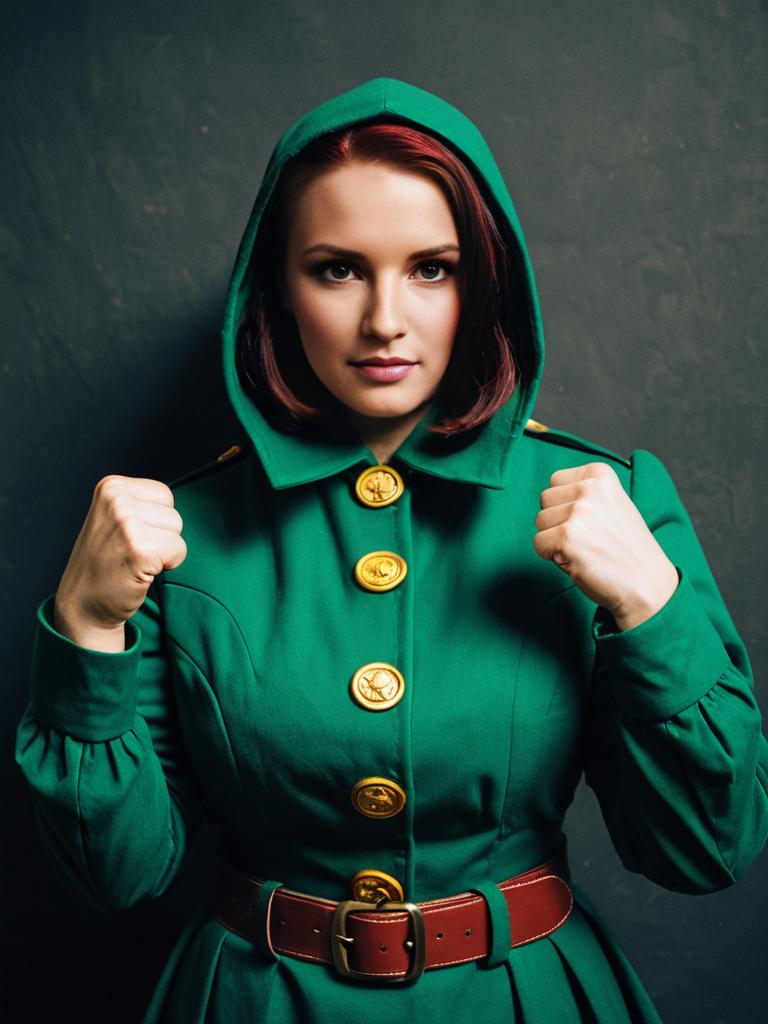 Confident Woman in Vintage Green Coat with Hood and Gold Buttons