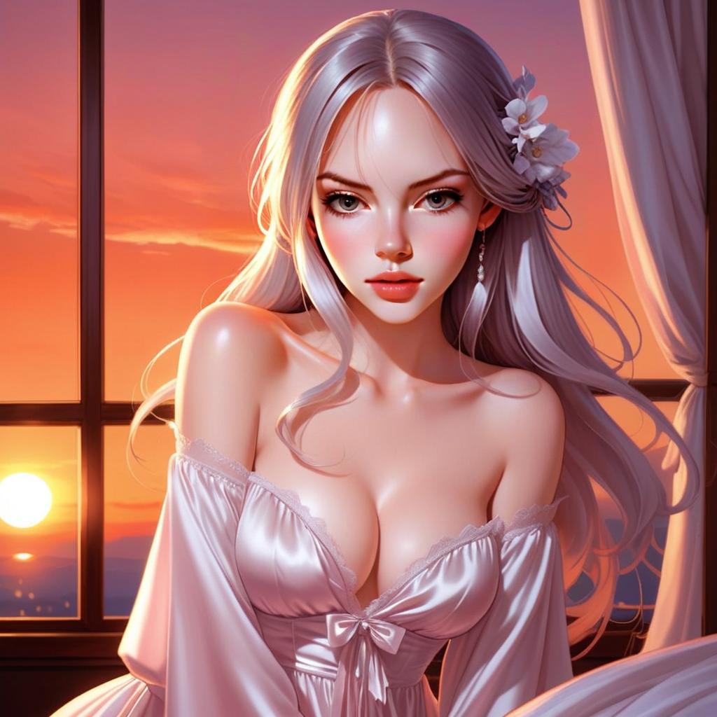 Elegant Anime-Style Woman in Satin Gown at Sunset Window