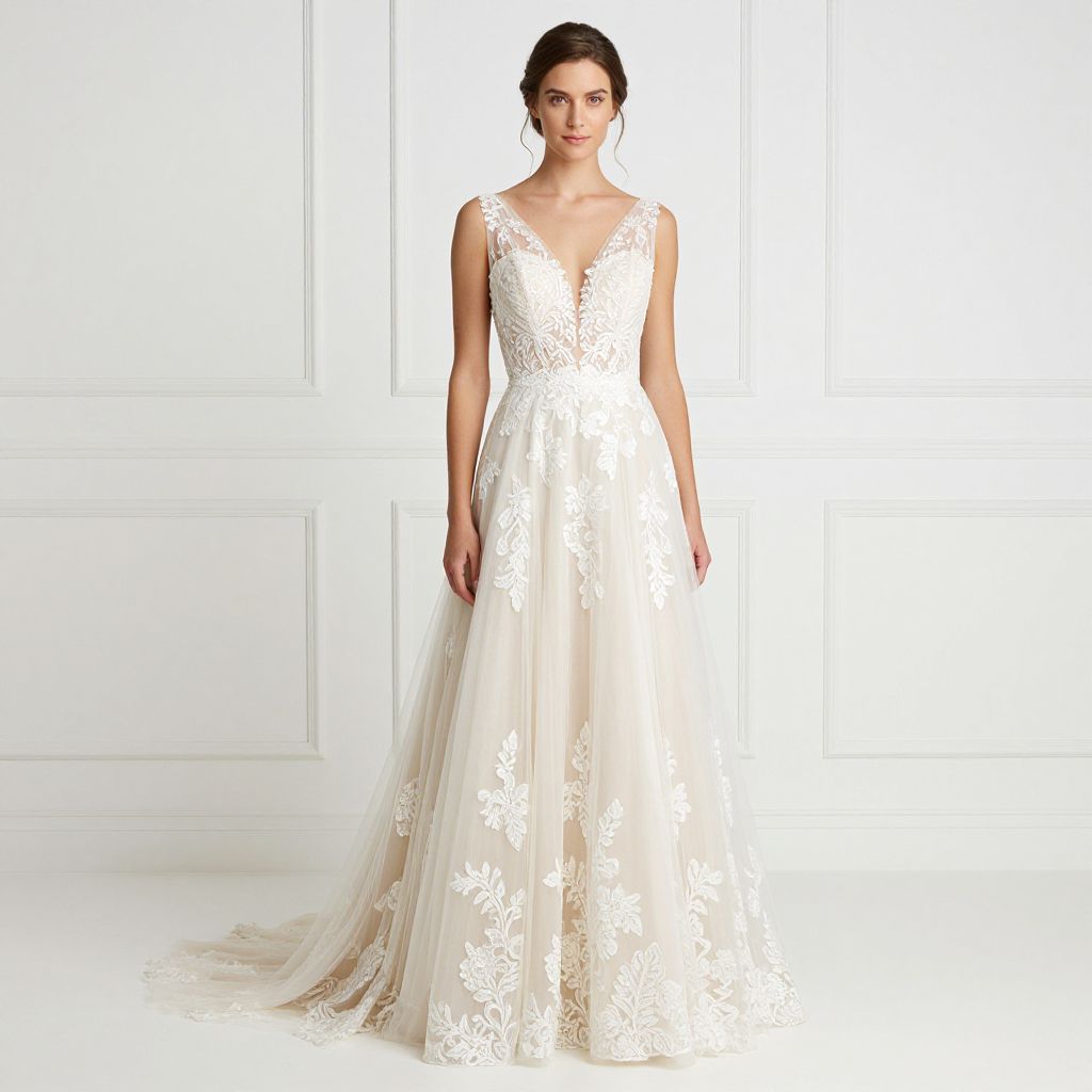 Elegant Floral Lace Bridal Gown with Sheer Bodice and A-Line Skirt
