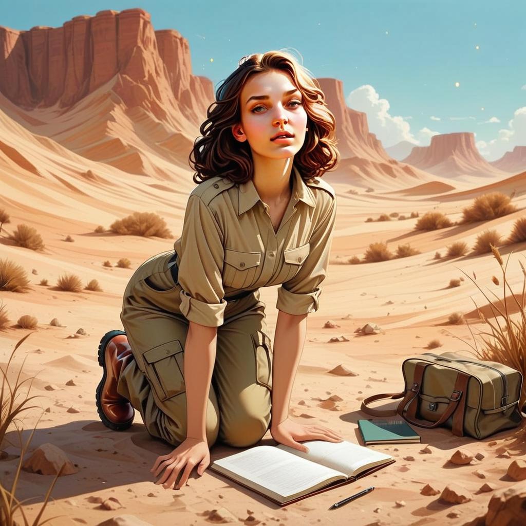 Young Woman in Safari Clothing Reading in Desert Landscape