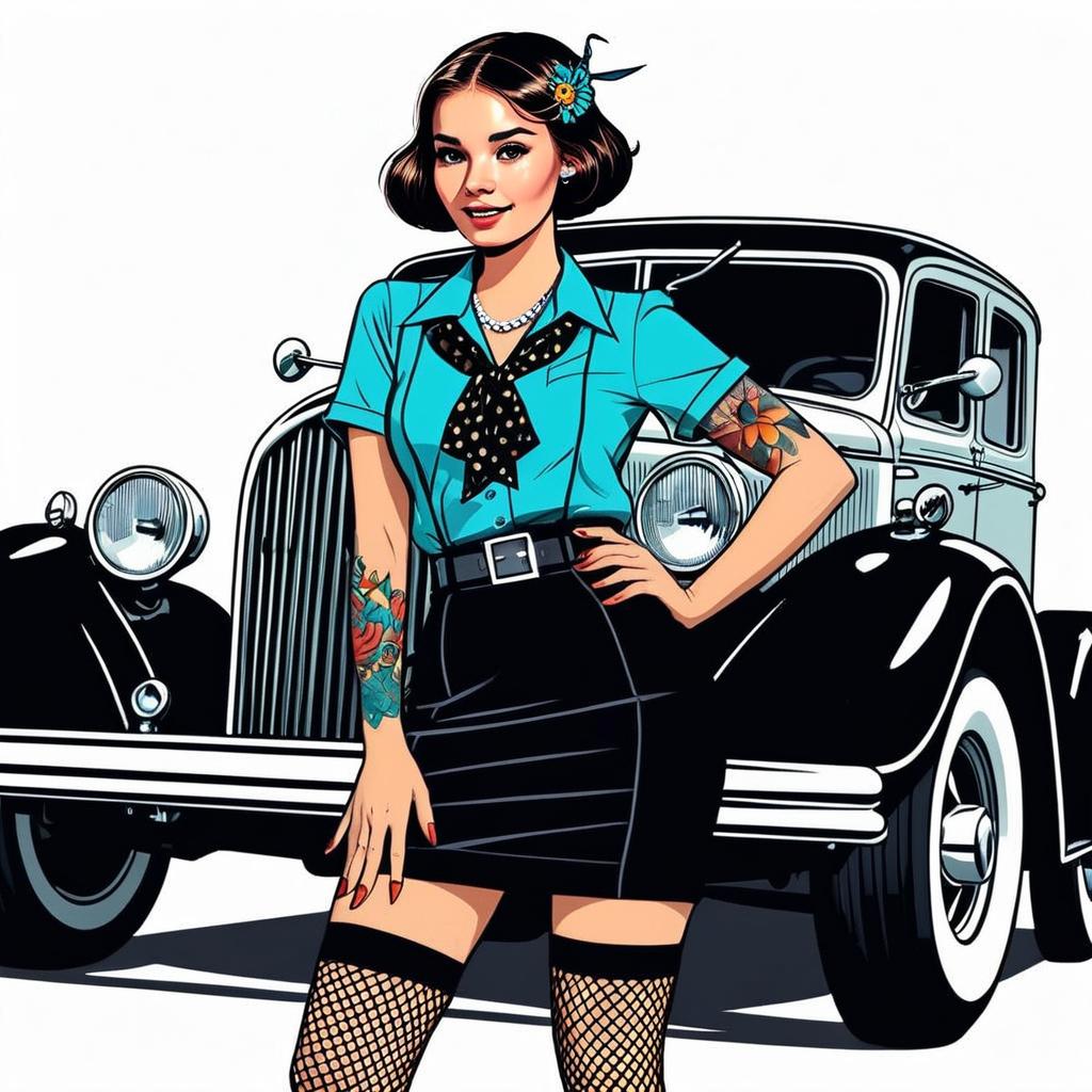 Retro Tattooed Woman Standing by Vintage Car Illustration