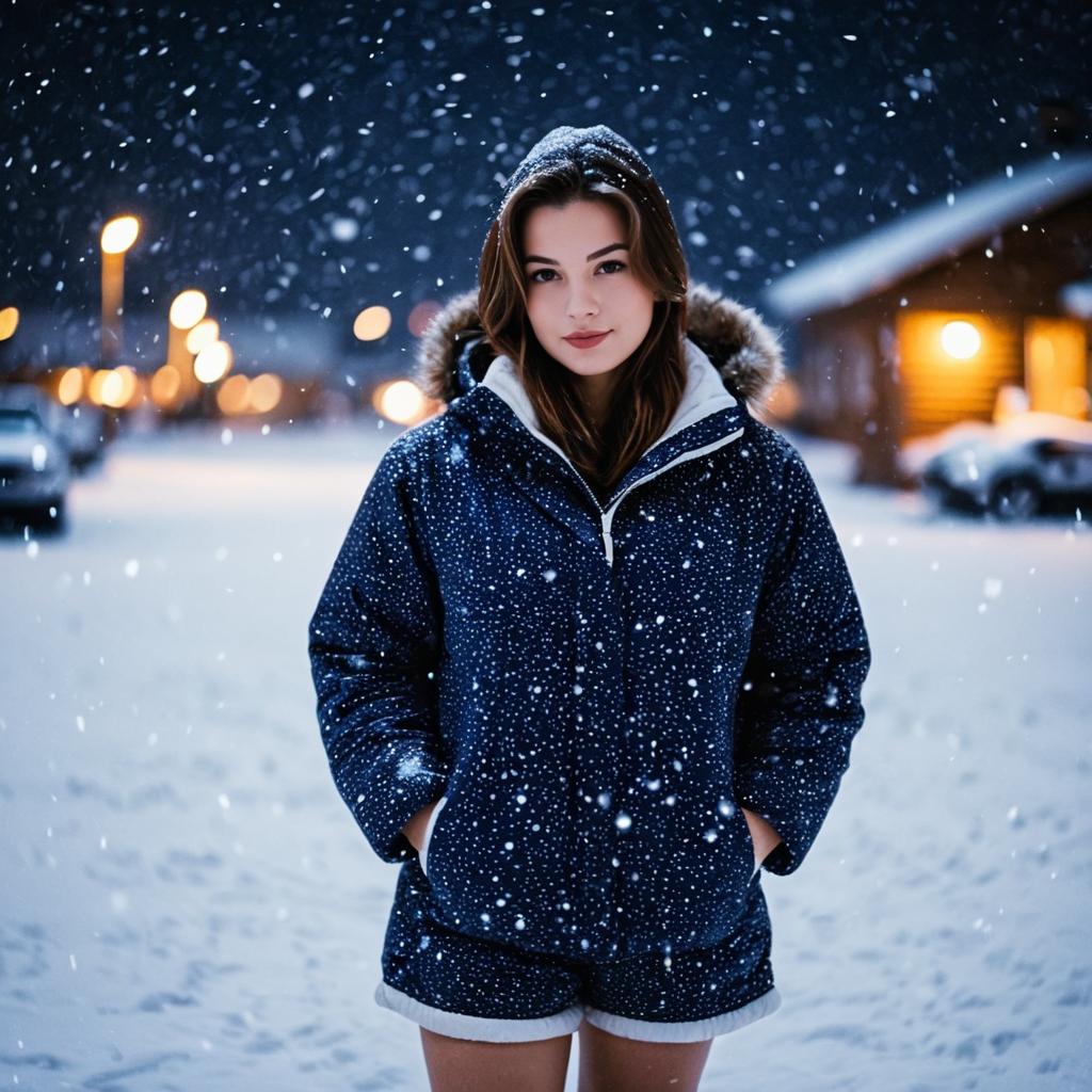 Woman in Winter Jacket Standing in Snowy Night Realistic Portrait Woman in Winter Jacket Standing in Snowy Night Realistic Portrait