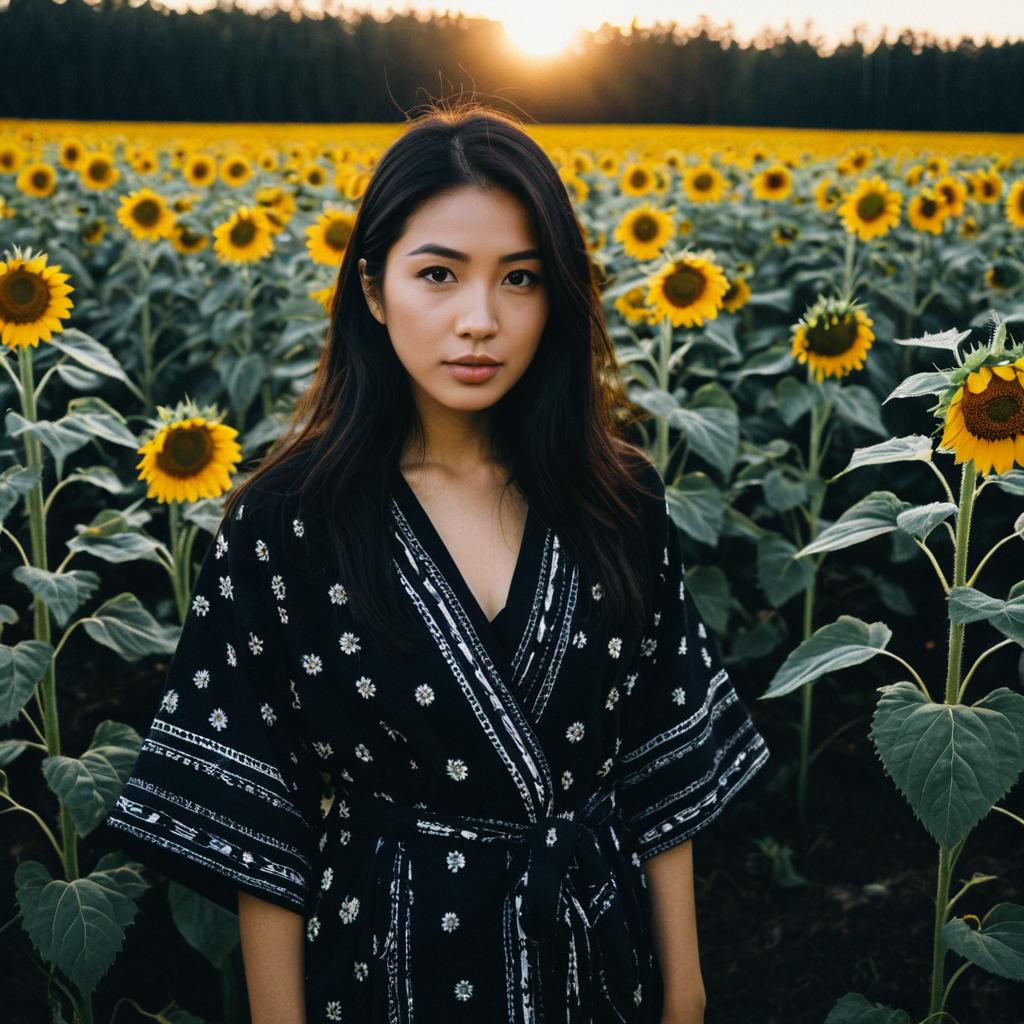 Young Woman in Black Floral Dress in Sunflower Field at Sunset