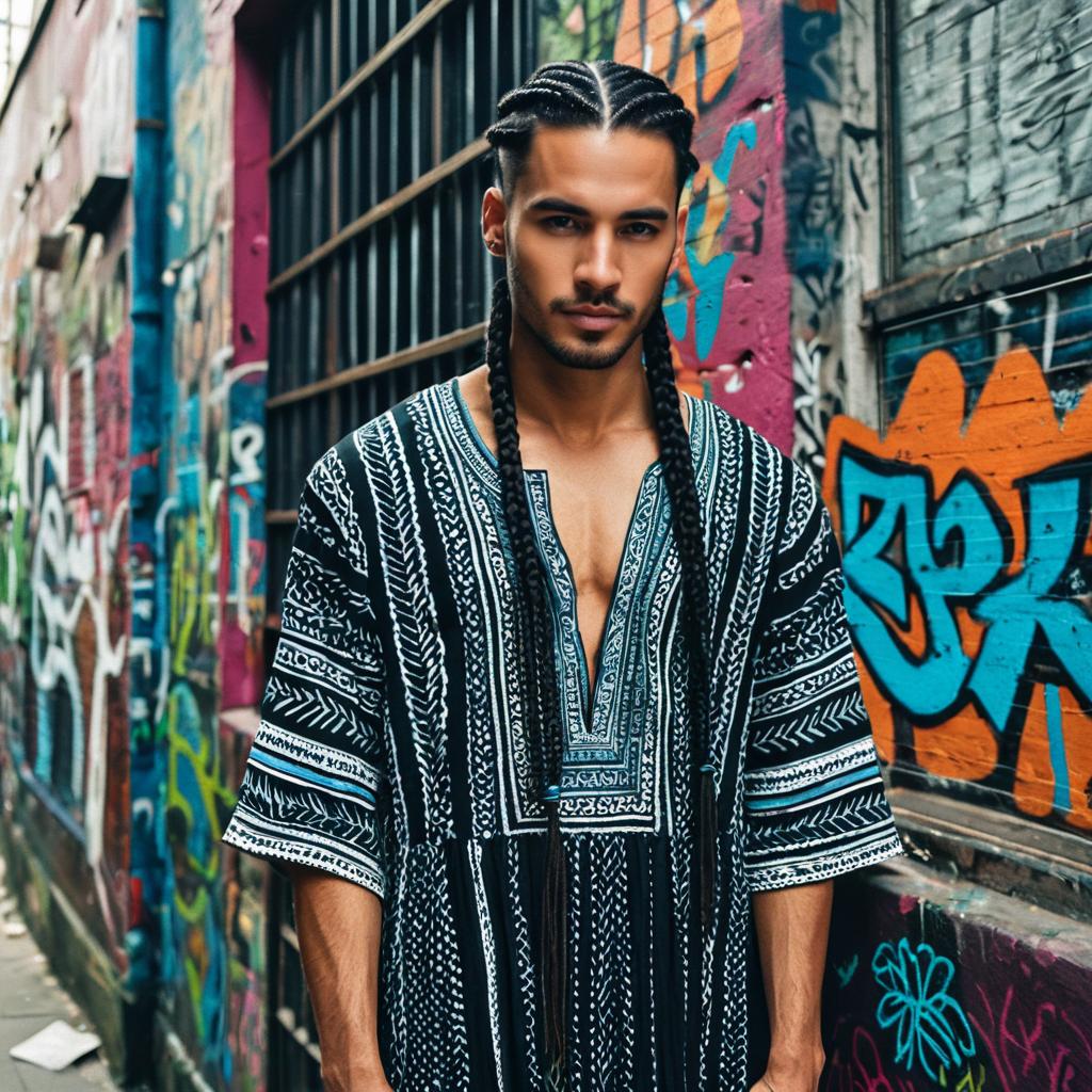 Portrait of Man with Braided Hair in Urban Graffiti Alley