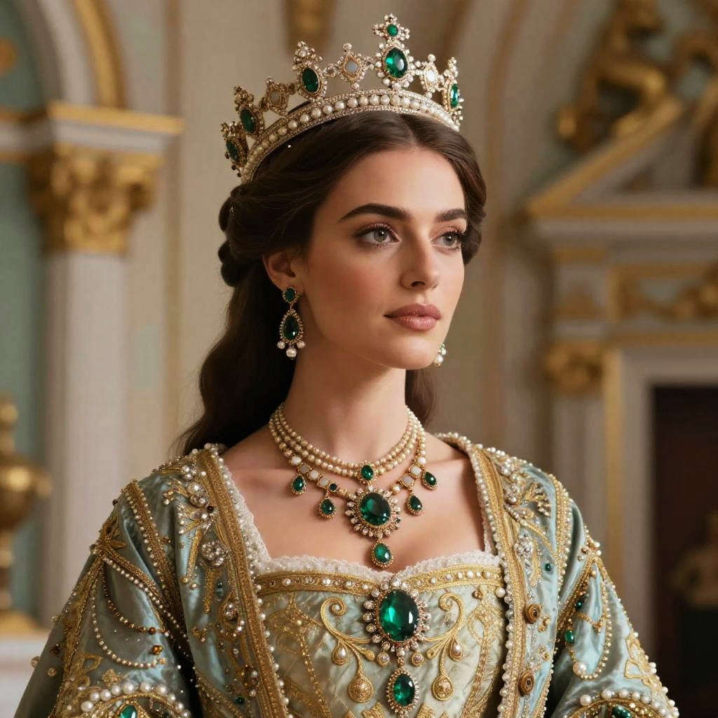 Elegant Woman in Regal Emerald and Pearl Tiara with Ornate Gown