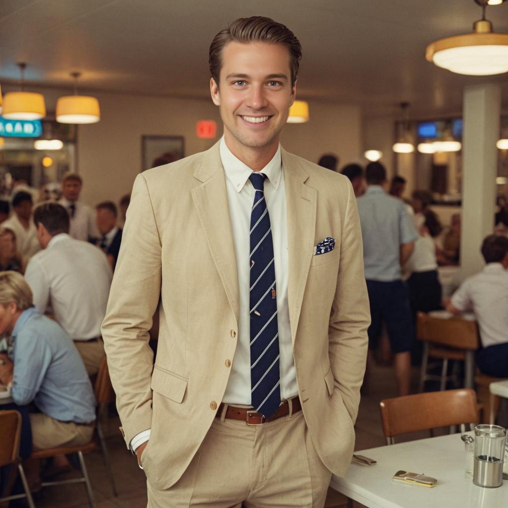 Stylish man in beige blazer at crowded restaurant