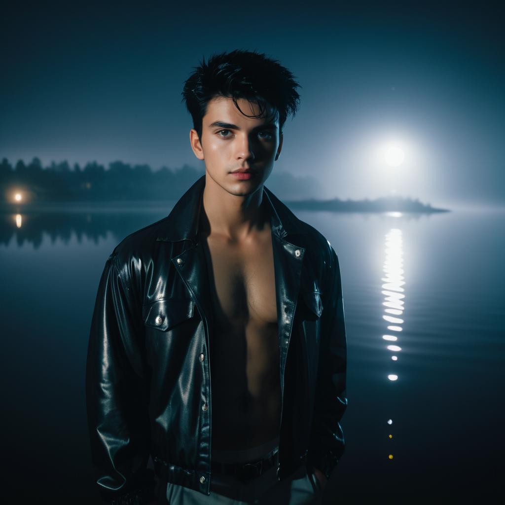 Male Model in Black Leather Jacket by Misty Lake