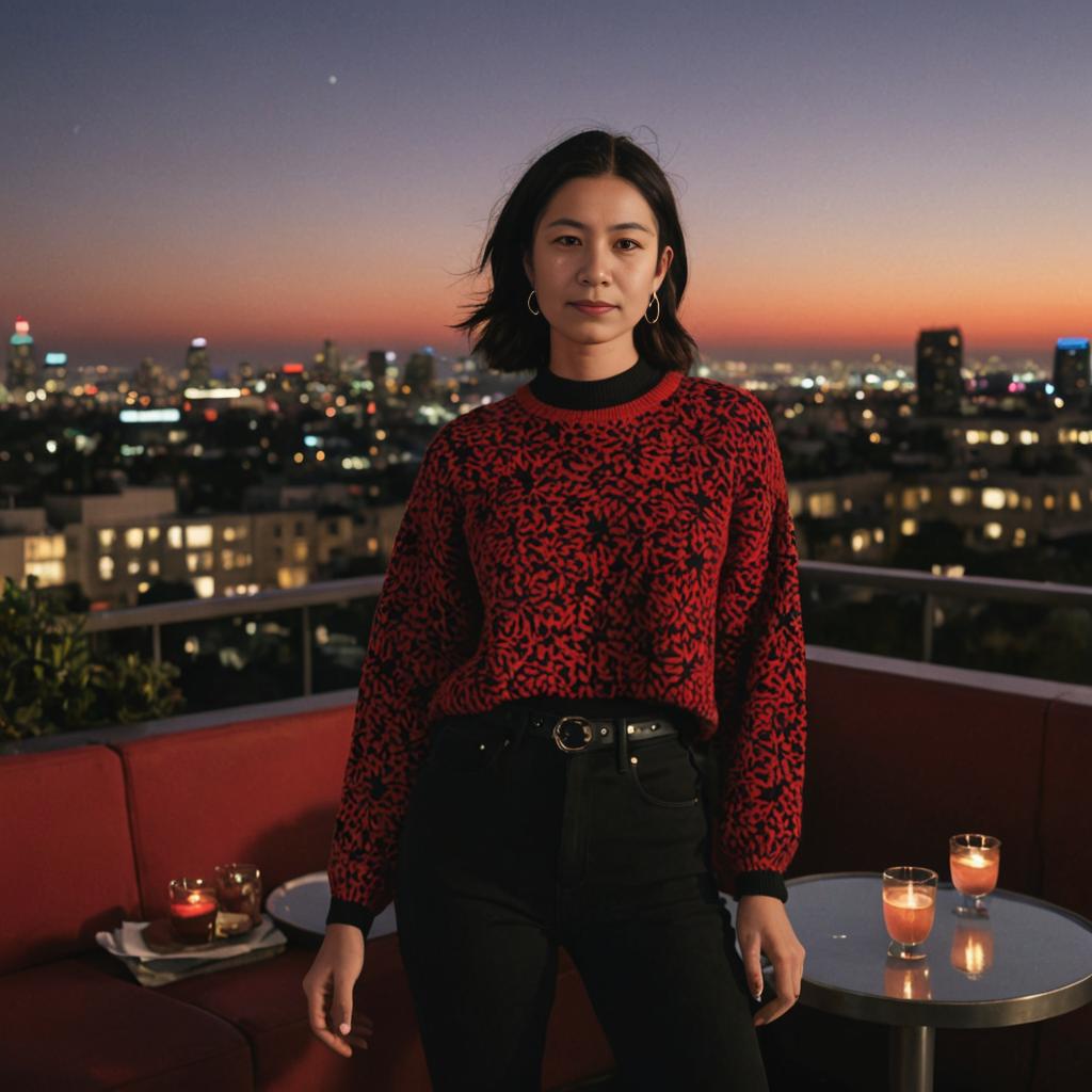 Confident Woman in Red and Black Sweater at Dusk