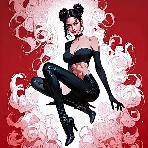 Confident Woman in Black Latex Against Red Background