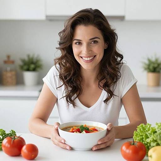 Woman Enjoying Fresh Vegetable Soup at Kitchen Table