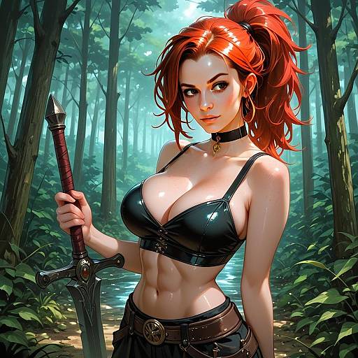 Red-Haired Woman Warrior in Dark Forest Fantasy Illustration