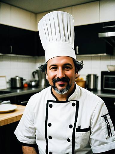 Man in Chef Costume Candid Portrait in Professional Kitchen