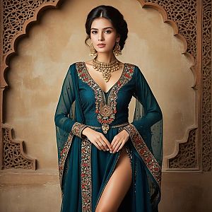 Elegant Woman in Teal Traditional Outfit with Gold Jewelry
