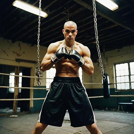 Muscular Boxer in Black Gloves and Shorts in Gritty Boxing Gym