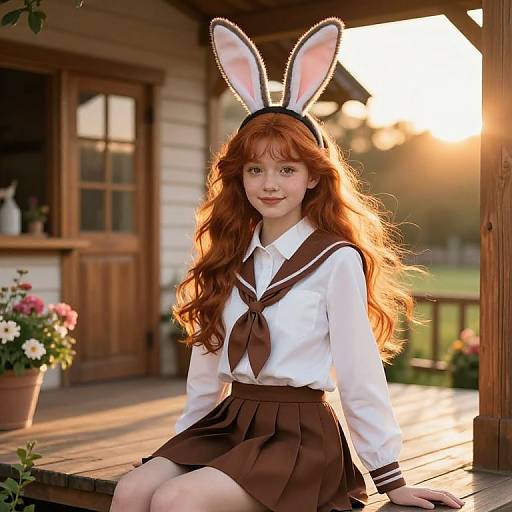Young Woman in Brown Sailor School Uniform with Bunny Ears on Porch