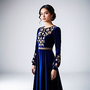 Elegant Woman in Deep Blue Velvet Dress with Gold Embroidery