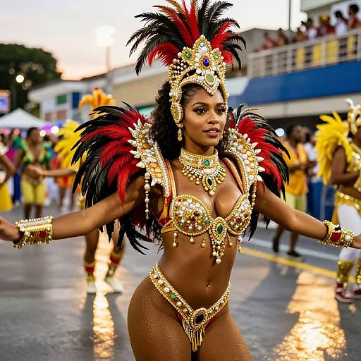 Carnival Woman in Ornate Feathered Costume Performing at Street Parade