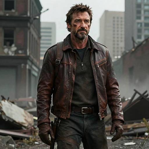 Post Apocalyptic Man in Leather Jacket in Urban Ruins