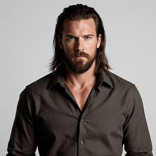 Portrait of a Bearded Man with Long Hair in Dark Shirt