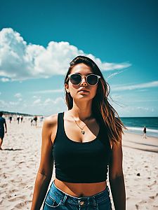 Confident Woman Wearing Sunglasses on Sunny Beach with Blue Sky