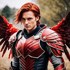 Man in Red Armored Costume with Feathered Wings