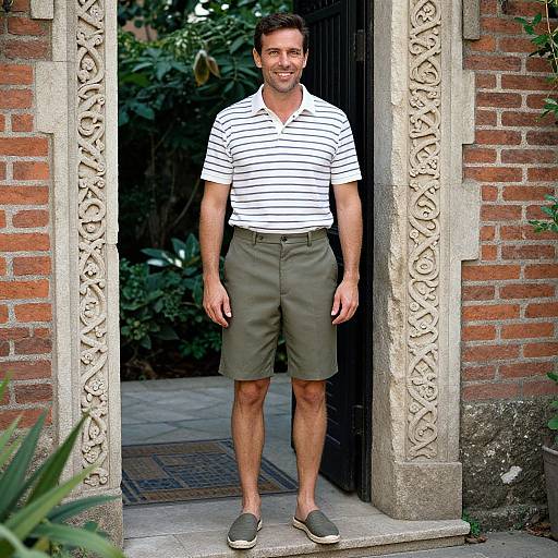 Man in Casual Summer Outfit Standing in Ornate Stone Doorway