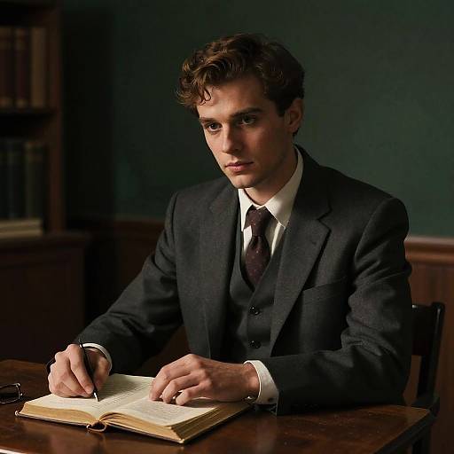 Vintage Style Man in Suit Writing in Book at Wooden Desk