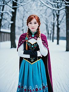 Woman in Traditional Outfit in Snowy Forest